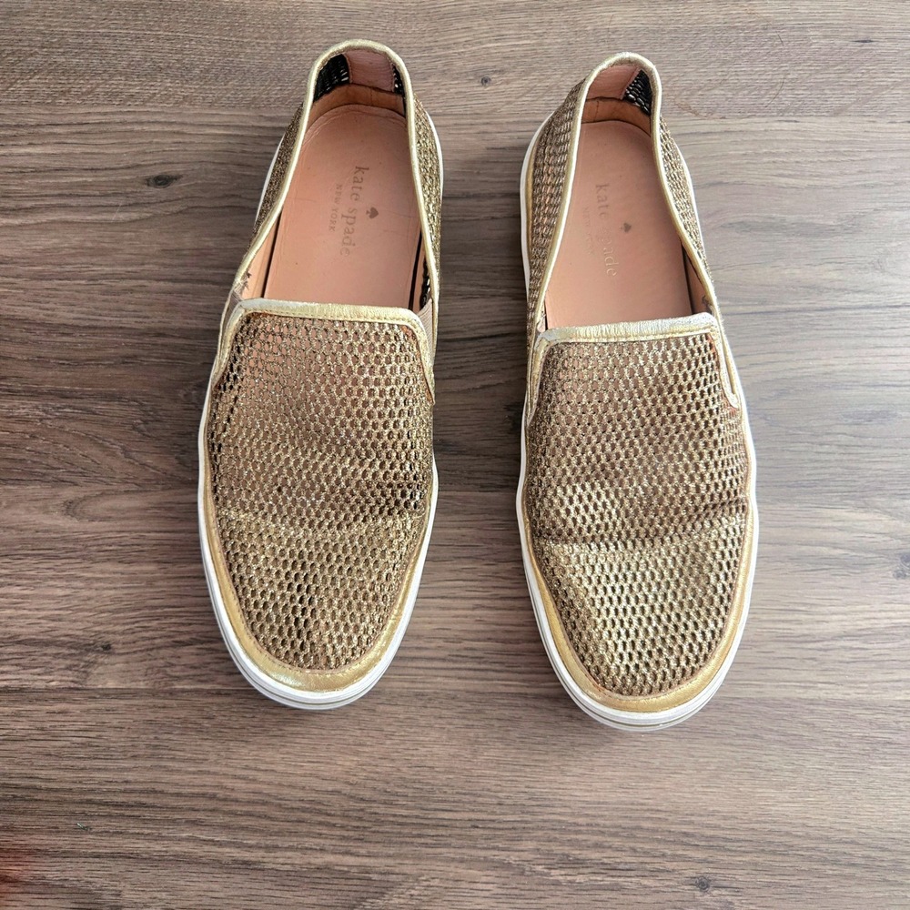 Kate Spade Sallie Gold Glitter Mesh Slip‎ On Sneakers Metallic Leather Size 10 - Picture 2 of 11